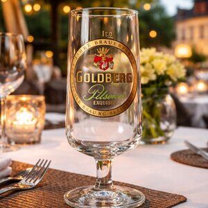 ULTRA RARE Vintage Goldberg Pilsener Exquisit Glass 6.5" Fecher Bräu NOS